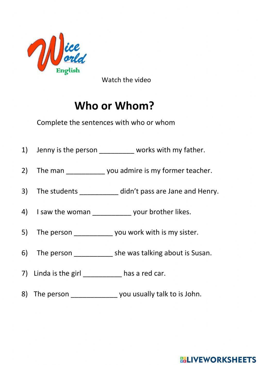Who Or Whom Free Interactive Worksheets 1313374