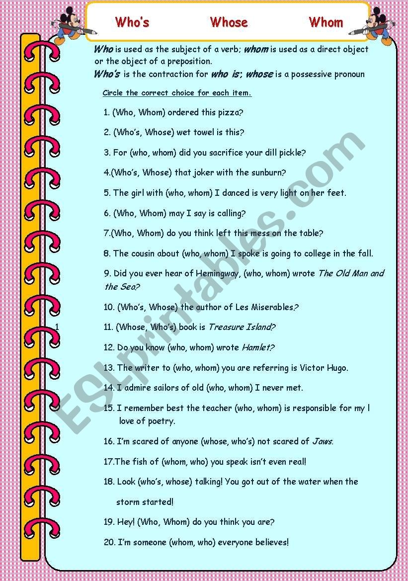 Who s Whom Whose ESL Worksheet By Nika114