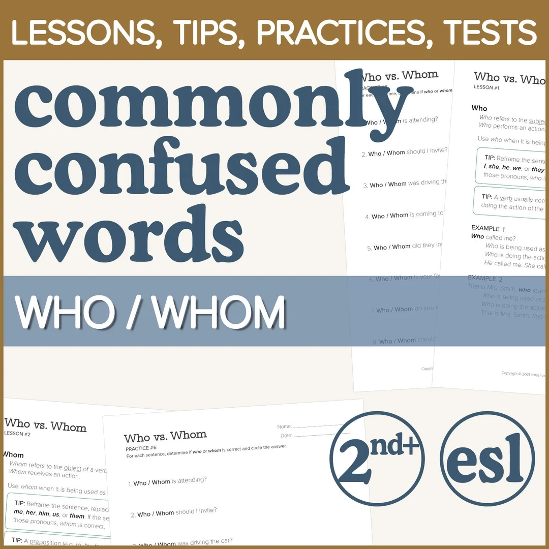 Who Vs Whom English Grammar Worksheets For 2nd Grade Up ESL Commonly Confused Words Etsy