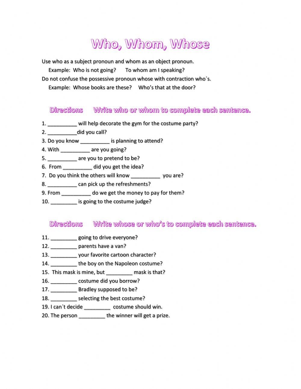 Grammar Worksheets Who Or Whom