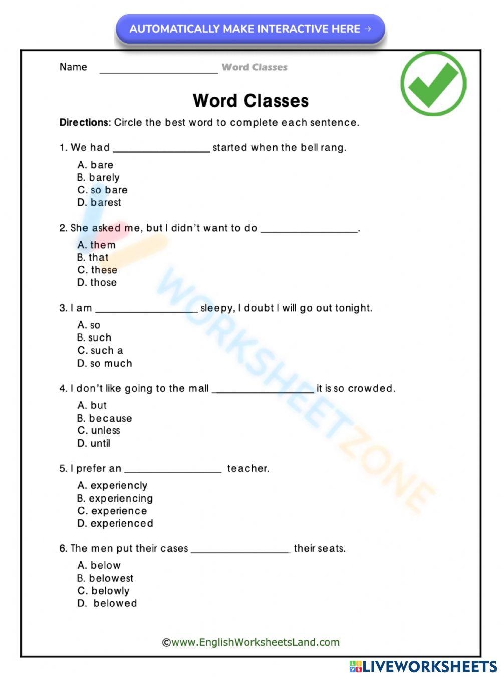 Grammar Worksheets Word Classes Grammar Worksheets Word Classes