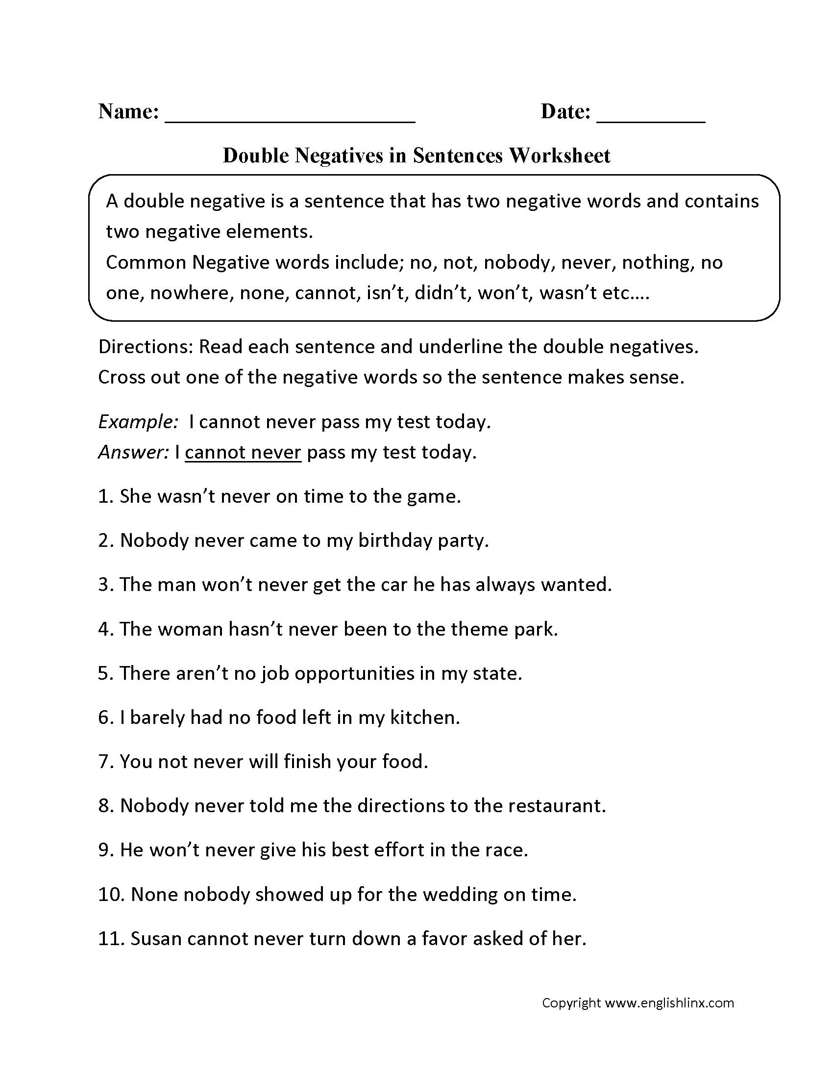 Word Usage Worksheets Negatives Worksheets Word Usage Worksheets Negatives Worksheets