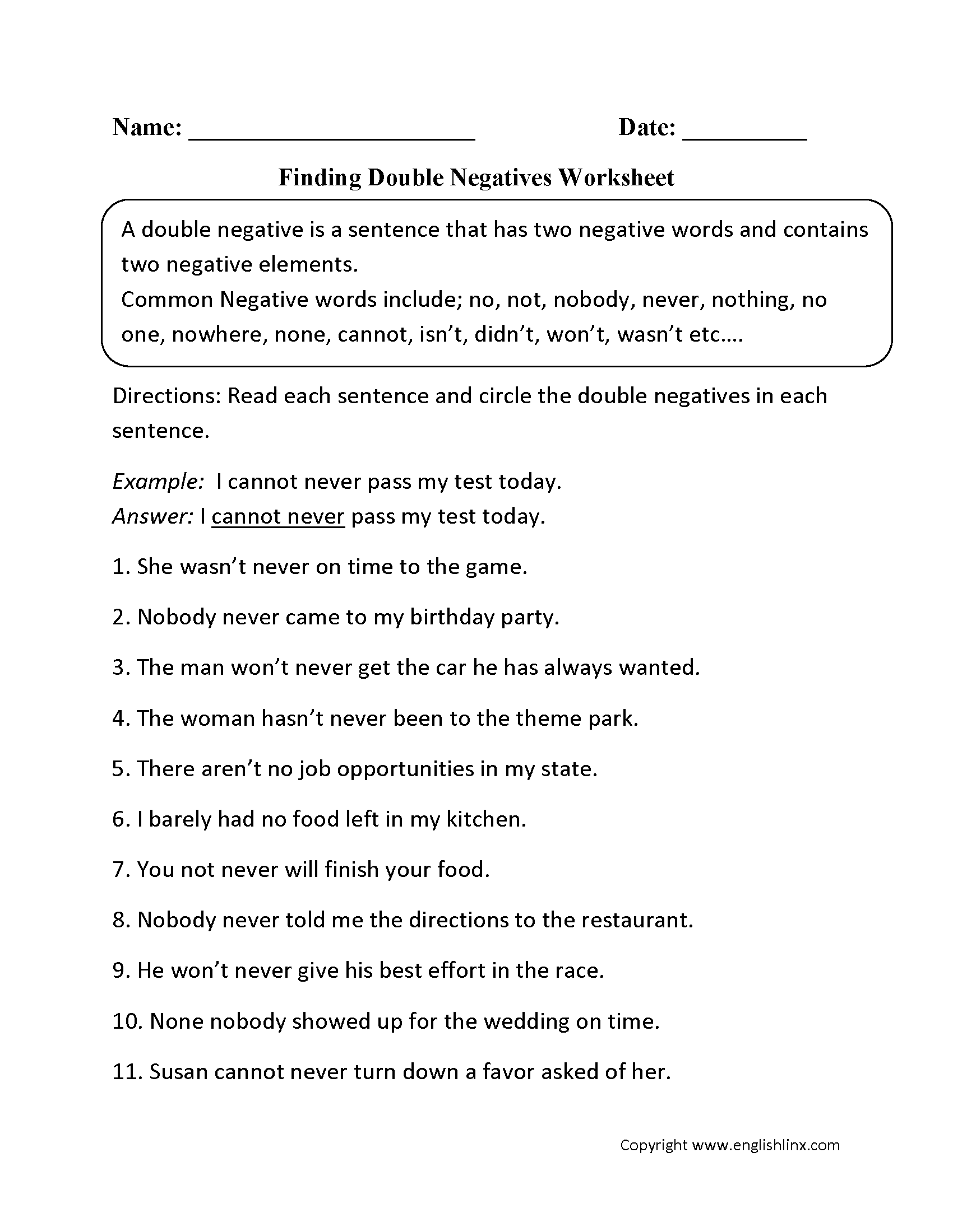 Word Usage Worksheets Negatives Worksheets Word Usage Worksheets Negatives Worksheets