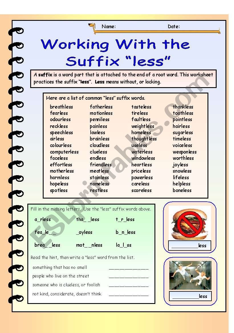 Working With The Suffix less Answer Key Included ESL Worksheet 