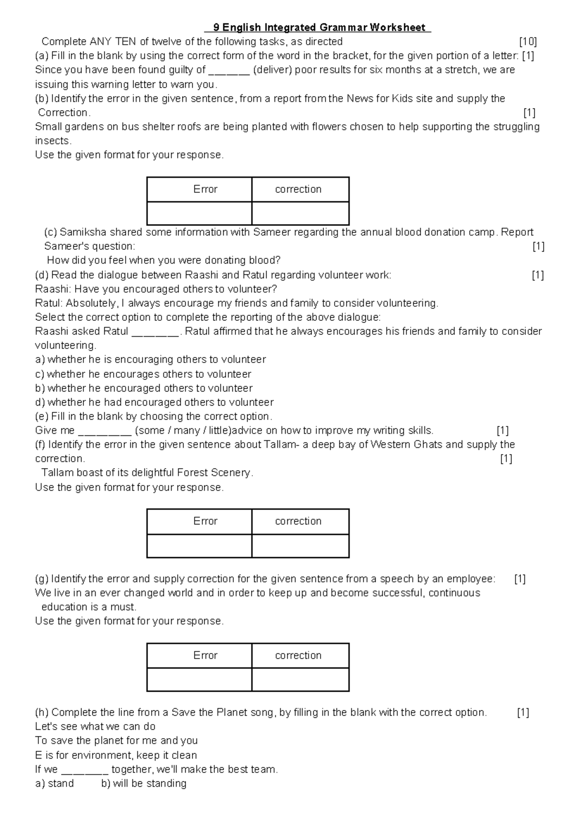 Worksheet 10 Integrated Grammar Exercises And Tasks Studocu
