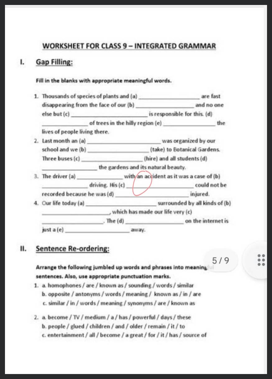 Integrated Grammar Worksheets For Class 6