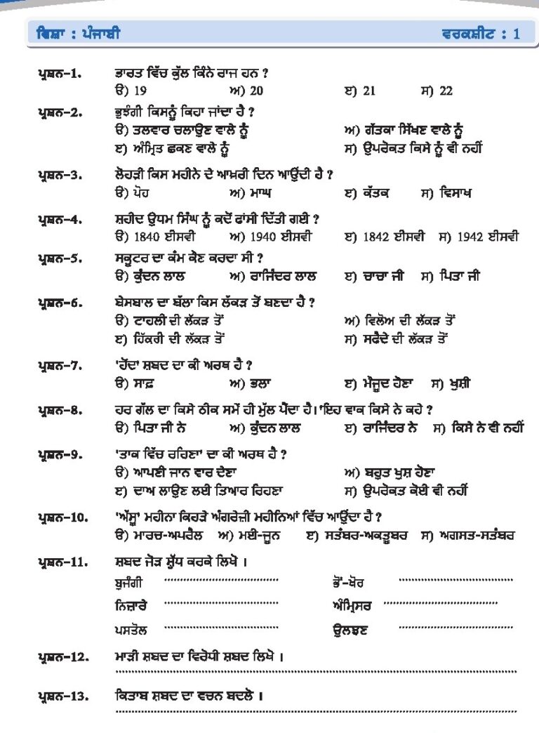 WorkSheet Punjabi Class 5