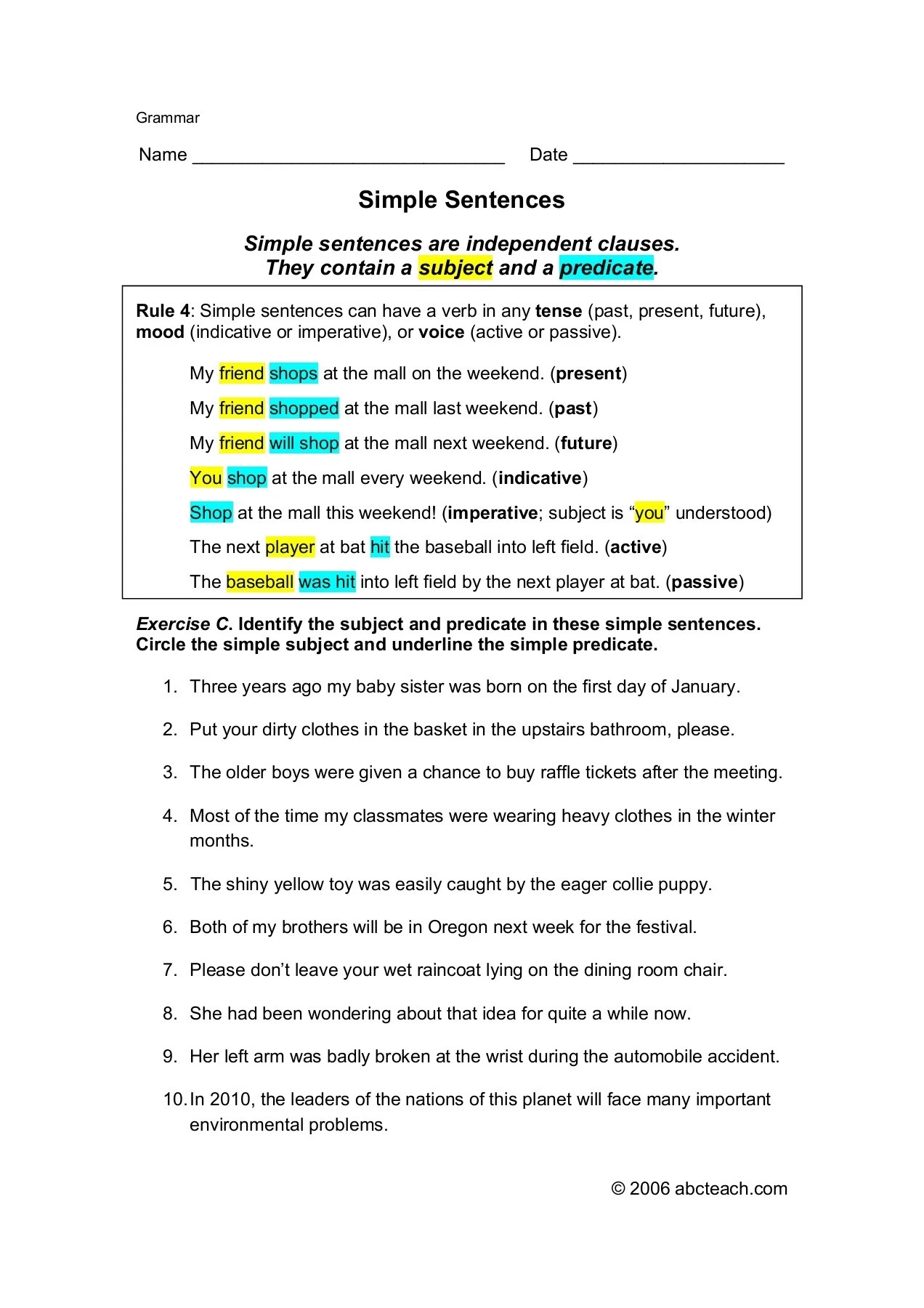 Worksheets Grammar Simple Sentences ABCTeach