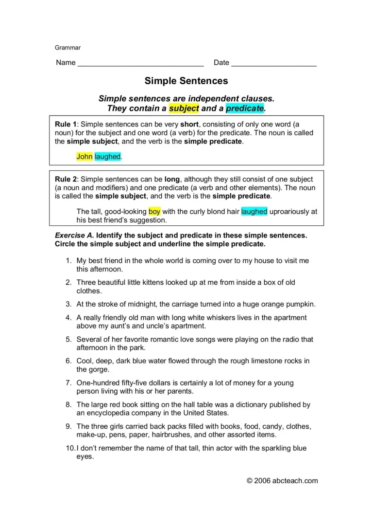 Worksheets Grammar Simple Sentences ABCTeach
