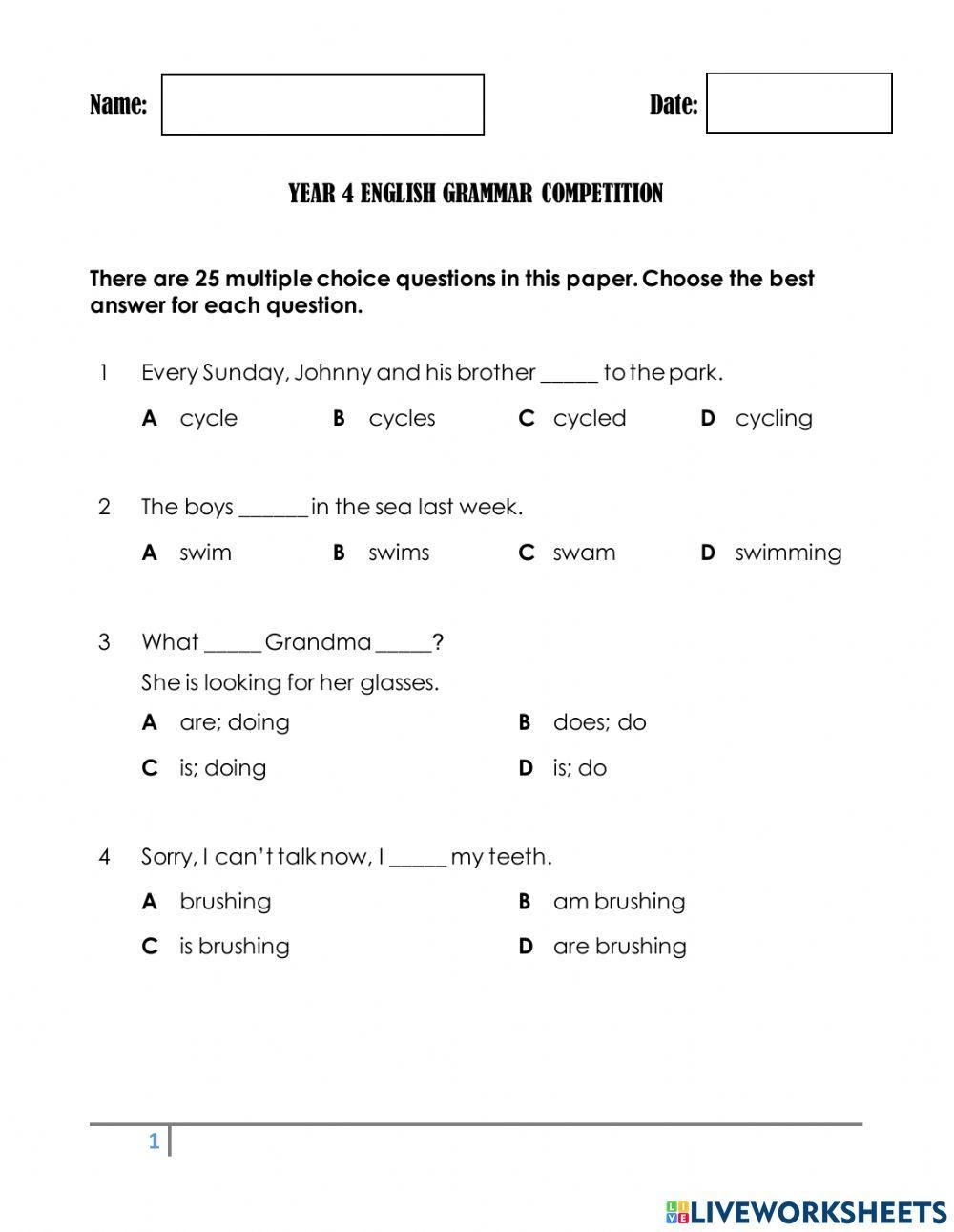 Year 4 English Free Interactive Worksheets 1515084